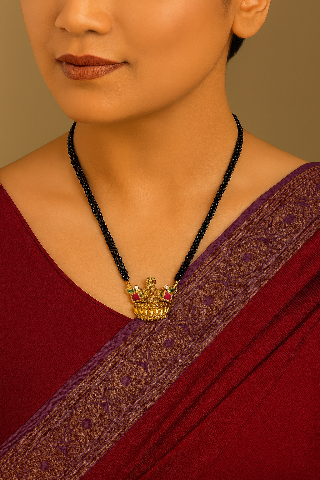 Two-Layered black CZ Beads neckpiece with Elegant Lakshmi pendant