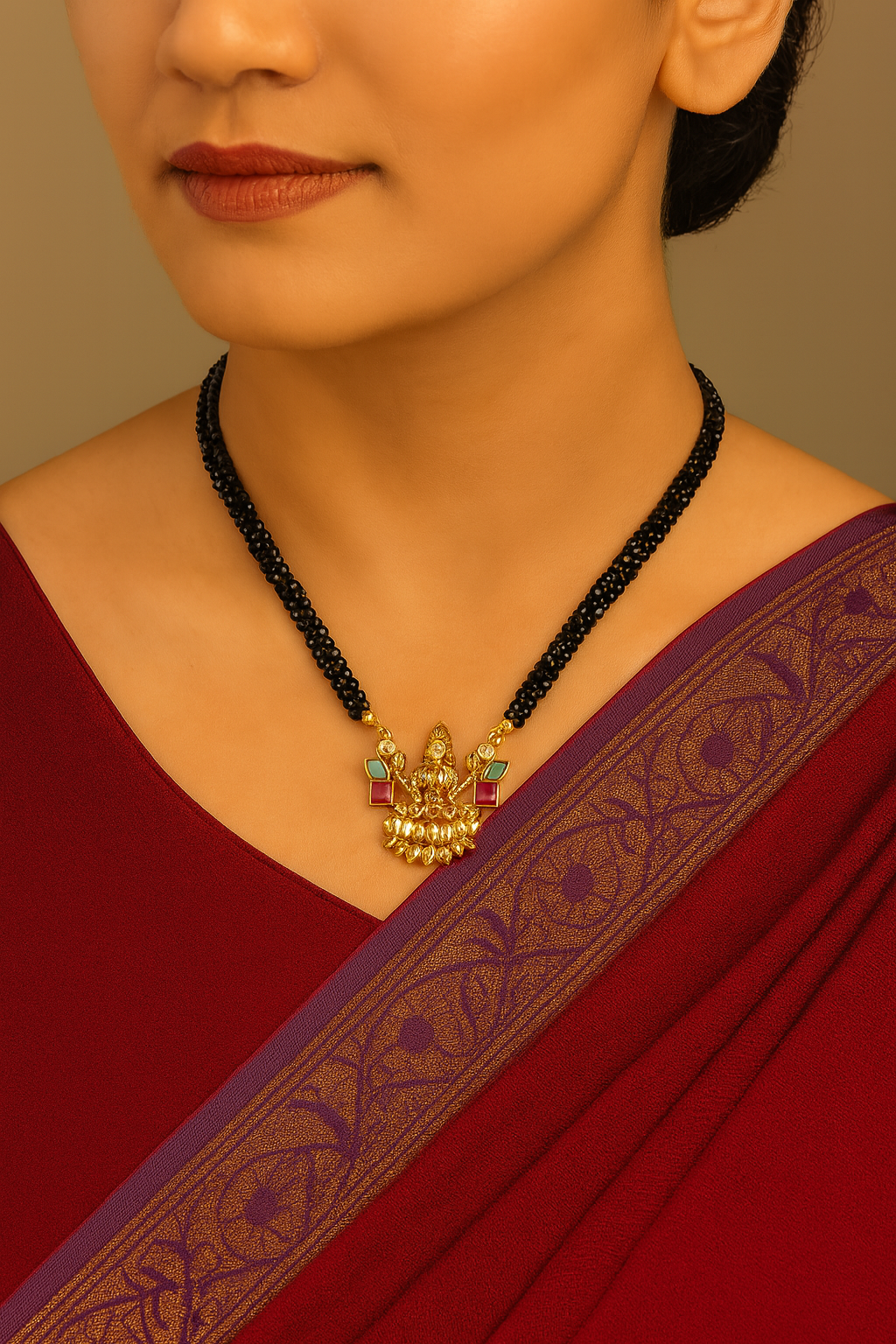 Two-Layered black CZ Beads neckpiece with Elegant Lakshmi pendant