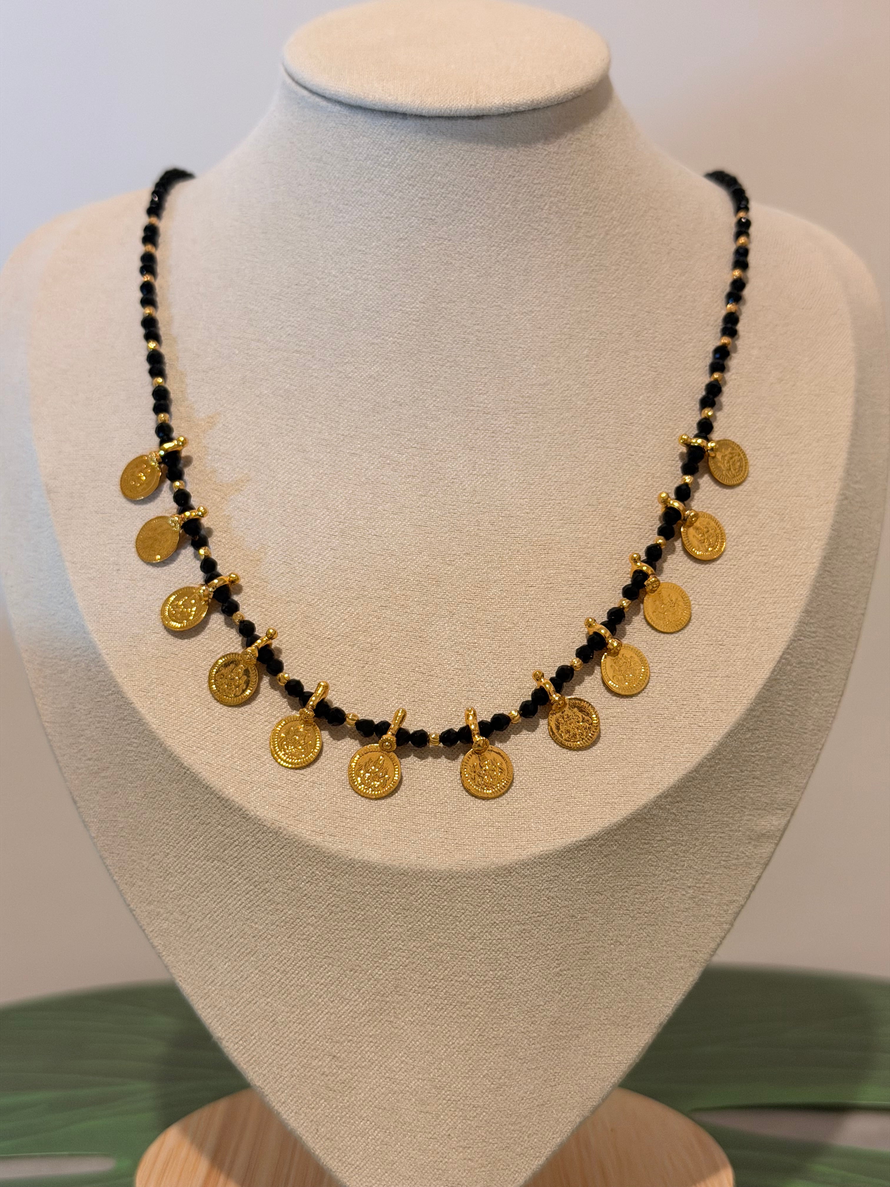 CZ Black Beaded neckpiece with Lakshmi kasu